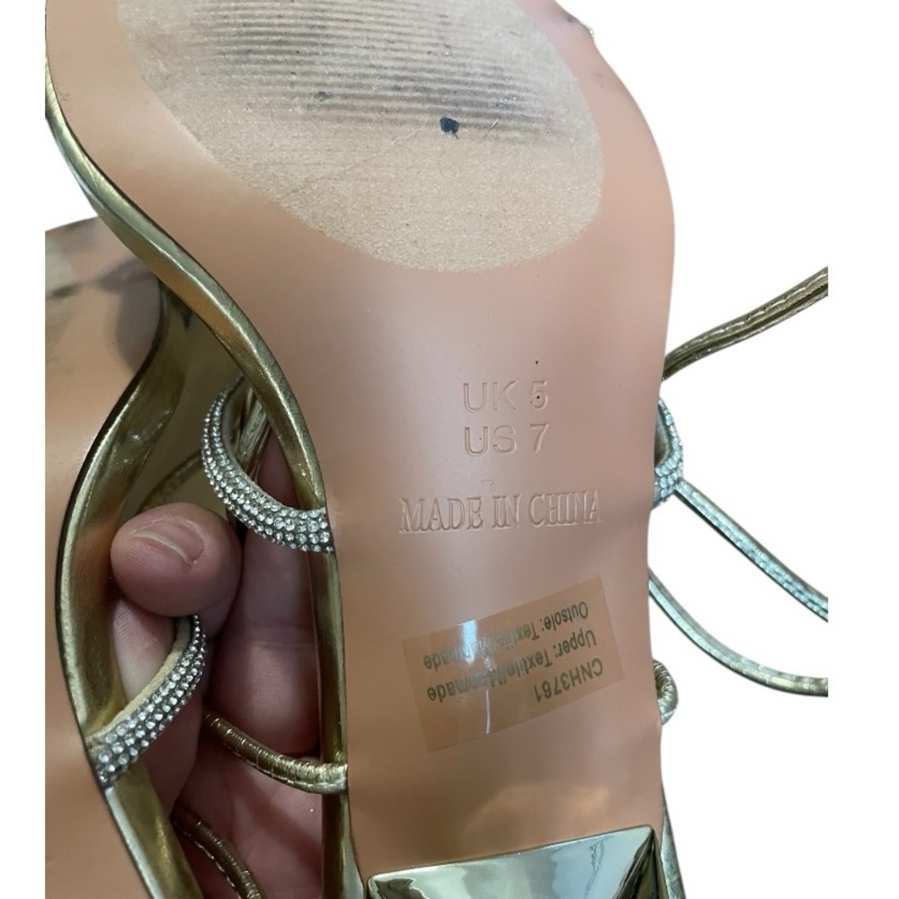 Pretty Little Thing Strappy Lace Up Square Toe Heel Sandal Gold Womens 7 kitten - Picture 8 of 8